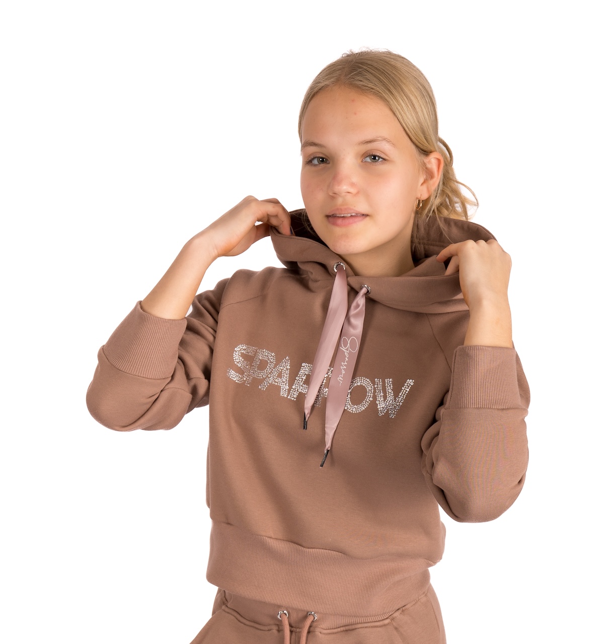 Bavlněná crop top mikina hnědá, kamínkové Sparrow