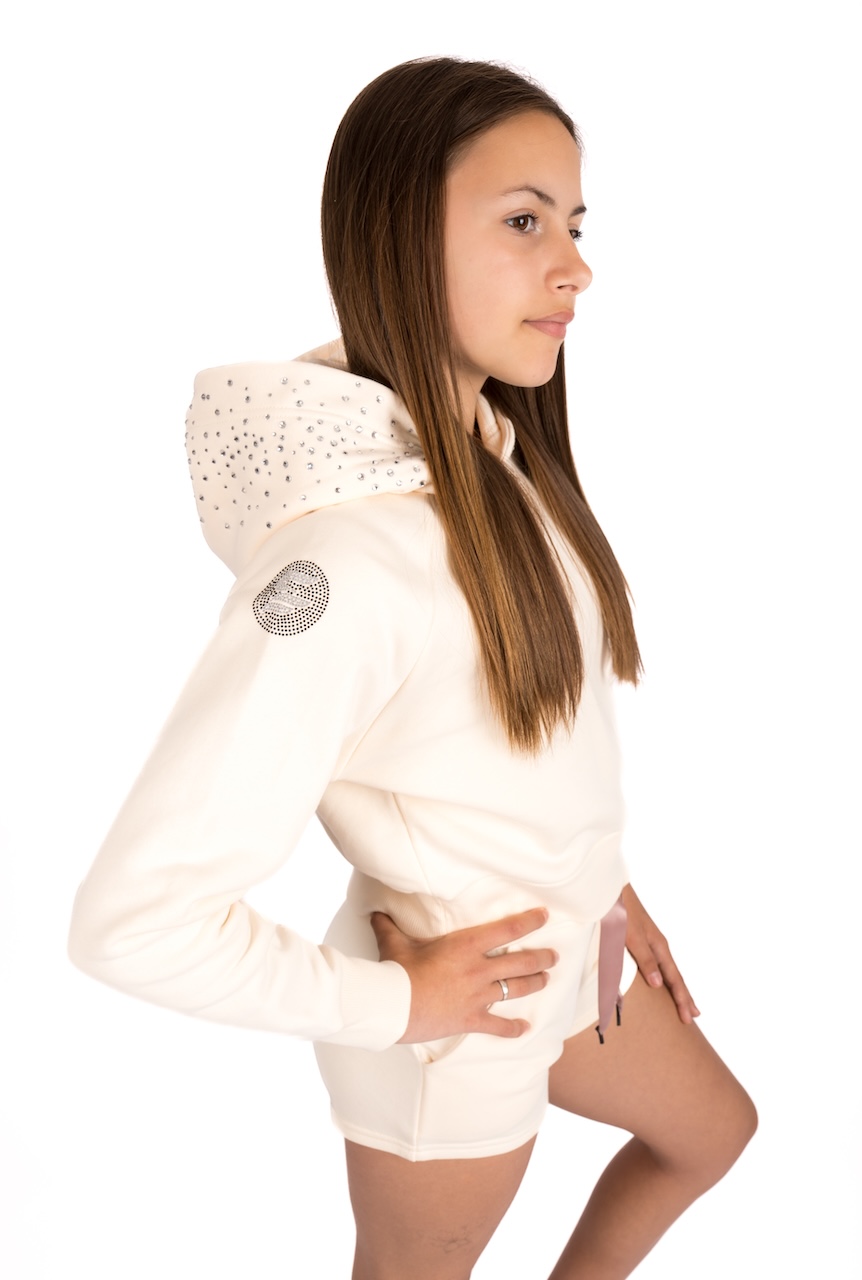 Bavlněná crop top mikina vanilka, kamínková kapuce