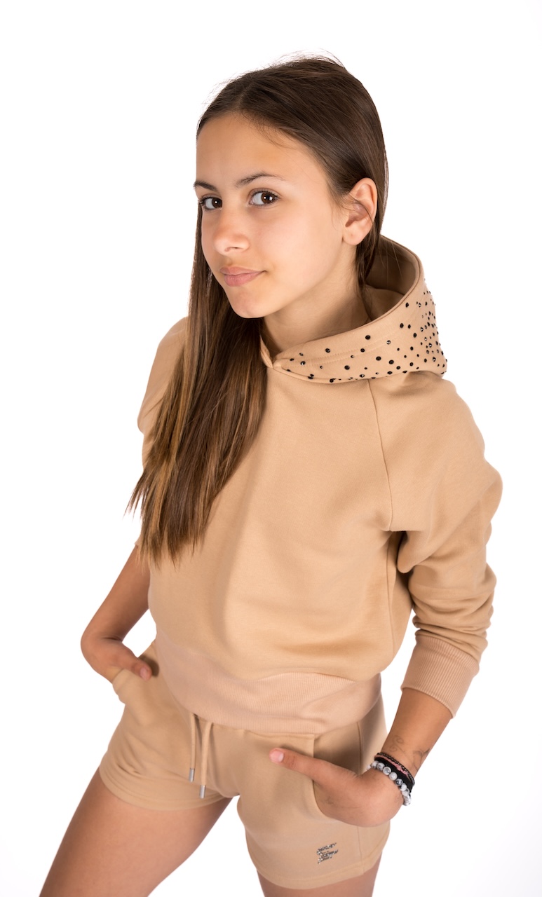 Bavlněná crop top mikina béžová, kamínková kapuce
