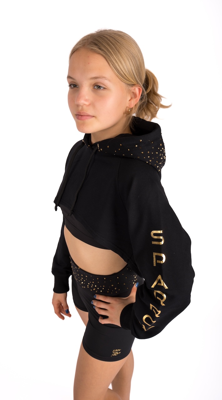 Bavlněná crop top mikina nad prsa černá, zlaté Sparrow a kamínky