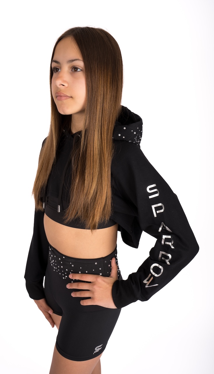 Bavlněná crop top mikina nad prsa černá, stříbrné Sparrow a kamínky